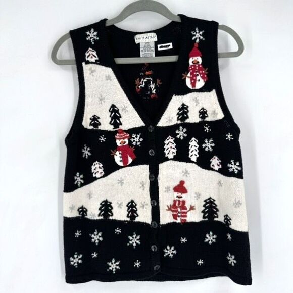 Vintage White Stag Christmas Snowman Snowflake Ugly Sweater Vest Cotton Size S - Picture 1 of 9
